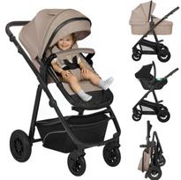Vežimėlis 3in1 iki 22 kg, lopšys + sportinė dalis + kėdutė, pripučiami ratai, amortizacija, 360° ratai, XXL gaubtas – Lionelo Bianka Beige Taupe