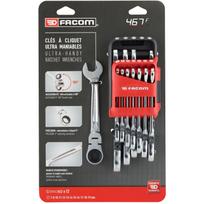 Facom FLEX HEAD RATCHET WRENCHES 467BF.JP12PB, 12vnt., 72 dantys, 15° poslinkis, neslystantis, I-sijos profilis, dėklas