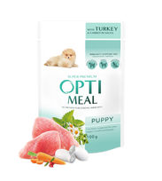 Optimeal™ VISAVERTIS KONSERVUOTAS PAŠARAS ŠUNIUKAMS SU KALAKUTIENA IR MORKOMIS PADAŽE 100 g. * 12vnt.