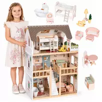 Medinis lėlių namelis „Laura“ – 3 aukštai, 5 kambariai, 15 baldelių, „ECOTOYS“