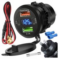 Greitasis automobilinis įkroviklis 60 W 2x USB 2x USB-C PD su voltmetru motociklams