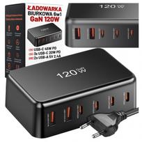 Spartusis sieninis įkroviklis, 6 prievadai, 2x USB, 4x USB-C, 120W PD QC GaN