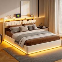 Lova 160x200cm su hidrauline sandėliavimo funkcija - su LED ir USB - aksominė - Smėlio spalvos