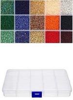 Stiklinių apvalių karoliukų (biserio) 12/0 RainBow® 15 spalvų po 10 g rinkinys su dėžute, tamsus