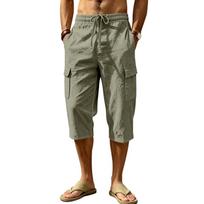 Men's Linen Cargo Shorts with Multiple Pockets for Outdoor Hiking Work and Casual Wear L armijos žalia spalva