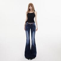 Women's Low Rise Flare Jeans Dark Blue Medium Stretch Slim Bootcut Denim Pants Retro Hong Kong Style Trousers For Summer XS