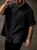 Men's White Textured Short Sleeve Button-Up Shirt - Loose Fit Band Collar Summer Vacation Casual Top US S 50-60 KG juoda