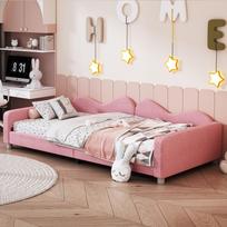Vaikų lova minkšta lova 90*200cm, Sofa-lova lovos rėmas meškiuko audinys daugiafunkcinė minkšta lova su atlošu ir porankiais jaunimo lova svečių lova rožinė 214.5 x 95 x 42 cm rožinė
