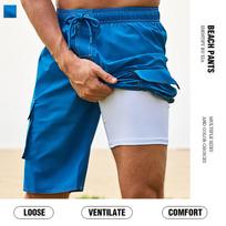 Summer Men's Turquoise Beach Shorts Built Compression Liner Quick Dry Cargo Swim Trunks M povo mėlyna spalva