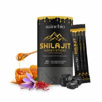 Sainebio Shilajit medaus lazdelės su šafranu | Gryna shilajit derva | Kasdienis sveikatos papildas | Palaiko energiją ir gyvybingumą | 30 vienkartinių lazdelių