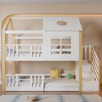 [32455235WAA]Bunk Bed with Storage Staircase, Children's Bed, with Fall Protection Guardrail, with Window and Roof, Pine+MDF, White+Natural, 90x200cm 253.5 x 95.5 x 206 cm