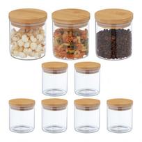 Rinkinys iš 9 skaidrių indelių biriems produktams 10,5x10cm, 0.5L, šviesiai rudos spalvos