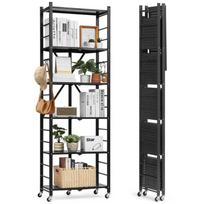 6 pakopų sulankstoma metalinė sandėliavimo lentyna, 24x12x72 colių, juoda, su ratukais ir kabliukais