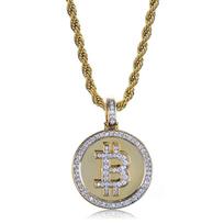 Bitcoin Pendant Necklace For Men Women Hip Hop Rock Rap Bling Iced Out AAA+ Cubic Zirconia Trendy Cool Gold Color Jewelry Gifts beige
