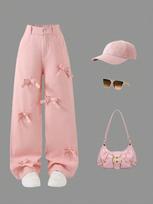 Single-piece girls' wide-leg straight-leg jeans with a fashionable, casual, trendy, and cute pink 3D bow. 11Y rožinė