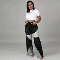 Women's High Waist Wide Leg Jeans Flare Pants Street Style Color Block Patchwork High Stretch Denim Trousers For Autumn Daily Outfit XS juoda