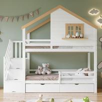 Bunk bed, wooden bed, pine + MDF, storage stairs, refined small house design with a window, storage space under the bed, white + natural, 90x200cm 254 x 95 x 237.5 cm