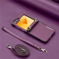 Compatible with Samsung Z Flip7/6 Leather Crossbody Strap Case, Z Flip5 Card Slot 3-Fold Cover. black