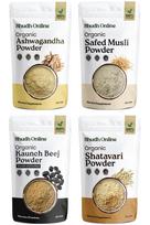 Shudh Online Safed Musli, Ashwagandha, Kaunch, Shatavari miltelių rinkinys (Pakuotė 50 gramų x 4 derinys)