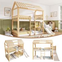 Bunk Bed for Children 90x200 with Gable Roof White & Natural, Loft Bed with Shelf and 35 cm Slide, Ideal for Two Children, EN 747, without Mattress 247 x 171 x 220 cm