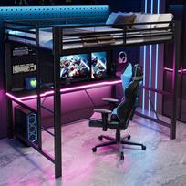 140x200 Žaidimų metalinis dviaukštis lovos rėmas su LED apšvietimu, USB įkrovimo stotele ir stalu, juodas 204 x 145 x 180 cm juoda