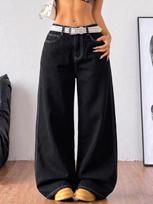 puffanpop Women's Wide Leg Jeans, Contrast Stitching Detail Y2K Streetwear Mid Waist Black Wash Denim Pants, Street Commute Date Outfit Trousers M white