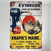 Vintage Evinrude Outboard Motors Metal Tin Sign with 'FIRST-IN OUTBOARDS' Text, Soldiers & Gas Container Illustration - Knapik's 20x30cm（7.8x11.8inch）
