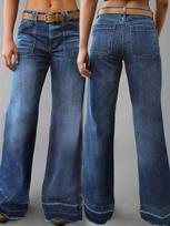 Women's Mid Rise Wide Leg Flare Jeans Loose Fit Denim Trousers Washed Streetwear Casual Pants S tamsiai mėlyna spalva