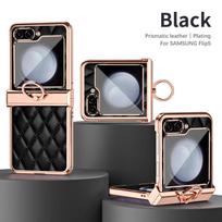 Galvanizuotas žiedas Odinis telefono dėklas, skirtas Samsung Galaxy Z Flip 7 6 5 4 3 Flip6 Flip5 Flip4 Flip3 5G Atsparus smūgiams Laikiklis Dangtelis Galaxy Z Flip5 juoda