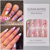 Sweet & Spicy Girl Lip Print 3D Heart Bow Diamond Almond Press-On Nails - Set of 24 white