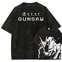 Gundam RX T Shirt Men Vintage Acid Wash Mecha Monochrome Streetwear Retro Mobile Suit Japanese EFSF Graphic Tees M black