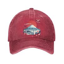 Mount Fuji Cherry Blossoms Baseball Cap Japanese Scene Adjustable Washed Cotton Dad Hat One Size raudona