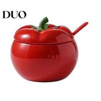 Exquisite Gift for Kitchen Lovers Tomato Ceramic Spice Jar with Lid & Spoon, 420ml Mini Salt Sugar Chili Oil Pot Pepper Storage Pot, Cute Seasoning raudona