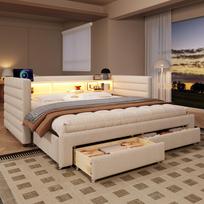 Sofa-lova, 90 × 190 cm, Ištraukiama konstrukcija, USB + Type-C prievadai, su dviem stalčiais, laikymo skyreliais, LED juostele, be čiužinio, aksomas, smėlio spalvos 202 x 109 x 72 cm smėlis