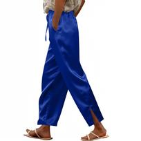Moteriškos laisvalaikio satininės plačios kelnės su elastiniu raišteliu ir šonine skeltuko detale XL mėlyna