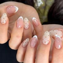 24PCS Press On Nails Almond Shape, Nails For Girls, Press On Nails Kit With Tools, French White Minimalist Dot Design, Artificial Nails For Women brown