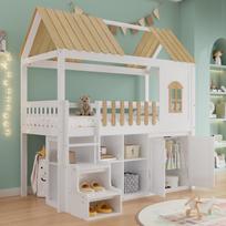 Bunk Bed, Plenty of Storage Space, Wardrobe, Window, Pine Frame, Shoe Cabinet, Stair Steps, Minimalist Design, Stable Railing, White+Natural, 90x200cm 210 x 139 x 220 cm