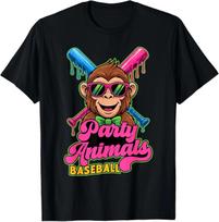 Party Animals Baseball Funny Monkey Vibrant Dripping T-Shirt 3XL pink
