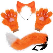 Pūkuotos katės ausys Katės ilgas uodegos Plius mielos katės letenos Pirštinės Rinkinys Cosplay Kostiumo Aksesuarai Helovino Karnavalo Šventės Persirengimo 26cm red