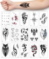 15 lakštų pusiau nuolatinių tatuiruočių, didelės laikinos tatuiruotės suaugusiems, netikros rankovių tatuiruotės, pusiau nuolatinių kūno ir rankos tatuiruočių lipdukai, atsparūs vandeniui, ilga La gray