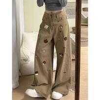 Women's High Waist Wide Leg Jeans Loose Straight Denim Pants Cute Cartoon Embroidery Casual Trousers S chaki