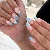 Light Blue Press On Nails, Blue French Tip Press On Nails with Bow Design, Salon-Quality Fake Nails for Wedding and Party Events, 24-Piece ABS Na