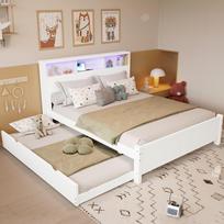 Double Bed, Low-Profile, Splicing, Ambient Light Strip, Charging Socket, Pull-Out, Headboard Storage, Frame, Pine+MDF, White, 120x200&90*190cm 214 x 128.5 x 91.5 cm balta