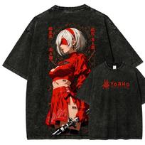 NieR: Automata YoRHa 2B Vintage Washed Double-Sided Print Oversized T-Shirt | Unisex Streetwear Top XL juoda