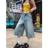 Vasarinės Vintažinės Moteriškos Laisvos Džinsinės Kelnės Y2k Laisvos Skalbtos Aukšto Juosmens Kelio Ilgio Džinsinės Kelnės Streetwear Plačios Kojos Šortai S šviesiai mėlyna spalva