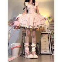 Sweet Spice Girl Sakura Weaving Plume Floral Dress Women's Summer French First Love Princess Cake Dress Waist Fluffy Dress S- (can be worn within 45kg) rožinė