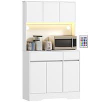 Virtuvės bufetas, aukšta virtuvės laikymo spintelė su RGB LED apšvietimu, stalviršis, 6 durys, 2 stalčiai, balta 100 x 38 x 180 cm