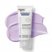 DERMDOC SPF 50 Ultravioletinių spindulių šviesinantis tonuotas apsauginis kremas nuo saulės su 4% niacinamido, 100g | PA +++ | Su violetiniu atspalviu | Lyginantis odos toną | Lengvas | UV white