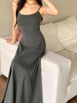 Spicy Girl Solid Color High-Waisted Spaghetti Strap Off-Shoulder Knee-Length Slimming Summer Dress Large