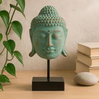 Buddha Head Sculpture Green Copper Large On Stand